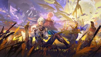 1boy 1girl absurdres aglaea_(honkai:_star_rail) ahoge anaxa_(honkai:_star_rail) black_pants blue_eyes castorice_(honkai:_star_rail) cipher_(honkai:_star_rail) coat commentary_request cyrene_(aedes_elysiae)_(honkai:_star_rail) cyrene_(honkai:_star_rail) flame_reaver_of_the_deepest_dark gold_blood highres honkai:_star_rail honkai_(series) hyacine_(honkai:_star_rail) mydei_(honkai:_star_rail) outdoors pants phainon_(honkai:_star_rail) phainon_(khaslana)_(honkai:_star_rail) pink_hair planted planted_sword planted_weapon purple_coat rafaelaaa short_hair sky sword trianne_(honkai:_star_rail) tribbie_(honkai:_star_rail) trinnon_(honkai:_star_rail) weapon wheat wheat_field white_coat white_hair