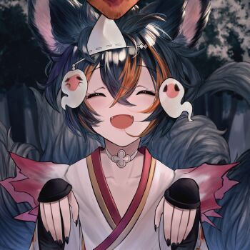 Rule 34 | 1girl, :d, ^ ^, absurdres, animal ears, arm guards, betabeet, black hair, black nails, brown eyes, closed eyes, collarbone, commentary request, erune, facing viewer, fangs, ghost, ghost pose, granblue fantasy, hair between eyes, hands up, highres, japanese clothes, kimono, multicolored hair, nail polish, open mouth, shiroshouzoku, short hair, smile, snow, solo, streaked hair, tail, tail raised, tree, triangular headpiece, upper body, white kimono, you (granblue fantasy)