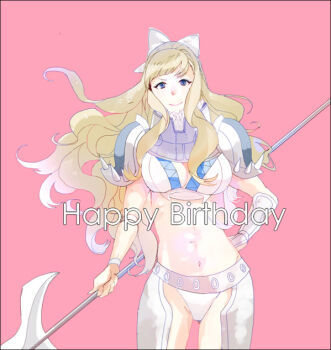 1girl armor axe battle_axe bikini_armor blonde_hair blue_eyes bow breasts charlotte_(fire_emblem) cleavage fire_emblem fire_emblem_fates hair_bow happy_birthday holding holding_axe large_breasts long_hair looking_at_viewer nintendo panties pauldrons saito_(nezumiiro) shoulder_armor smile solo underwear wavy_hair weapon white_bow white_panties