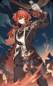 1boy absurdres belt bird black_jacket black_pants chinese_commentary closed_mouth coat commentary_request diluc_(genshin_impact) eagle fire fur_trim genius_invokation_tcg_(style) genshin_impact gloves greatsword hair_between_eyes highres jacket long_hair long_sleeves looking_at_viewer male_focus multicolored_gloves pants ponytail red_eyes red_gloves red_hair resized shirt sisan_eryi solo standing sword third-party_edit two-tone_gloves upscaled weapon