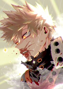 1boy bakugou_katsuki black_shirt blonde_hair blood blood_on_face boku_no_hero_academia highres injury looking_to_the_side male_focus open_mouth orange_eyes parted_bangs rain shirt solo teeth tomomin_1129 torn_clothes upper_body