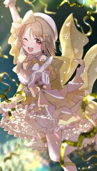 1girl ;d absurdres alternate_costume beret bloomers blurry blurry_background blush bow brown_hair commentary_request frilled_bloomers gloves hat hat_bow highres leg_up looking_at_viewer love_live! love_live!_nijigasaki_high_school_idol_club nakasu_kasumi nyako_(utaneko31) one_eye_closed open_mouth over-kneehighs pointing pointing_at_viewer shirt short_hair smile solo teeth thighhighs underwear upper_teeth_only white_bloomers white_gloves white_hat white_shirt white_thighhighs yellow_bow