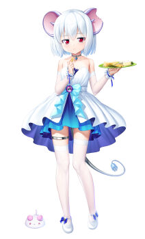 1girl animal_ears cable cable_tail cheese choker commentary_request dress food full_body highres holding holding_plate kuuchuu_yousai looking_at_viewer mechanical_tail mouse_ears mouse_girl petite plate red_eyes second-party_source solo standing tail taimanin_(series) taimanin_rpgx tenko_yuki thigh_strap thighhighs white_background white_dress white_hair white_thighhighs