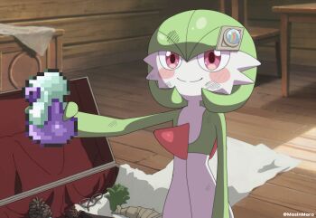 1girl absurdres anime_coloring arm_at_side arm_up artist_name backlighting blush blush_stickers bob_cut bottle box brown_background closed_mouth colored_skin female_focus flat_chest gardevoir gen_3_pokemon green_hair green_skin hair_ornament hairclip happy highres holding holding_bottle indoors looking_afar majinmallow mega_stone multicolored_skin nintendo official_style outstretched_arm pinecone pokemon pokemon_(anime) pokemon_(creature) poketoon potion_(pokemon) scratches screenshot_background short_hair smile solo sousou_no_frieren standing two-tone_skin upper_body watermark white_skin wooden_floor