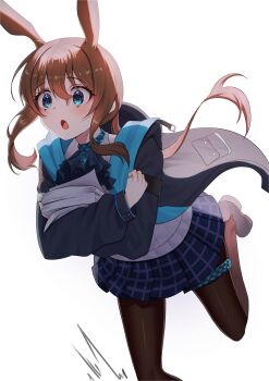 1girl :o absurdres amiya_(arknights) animal_ears arknights ascot black_ascot black_jacket blue_collar blue_eyes blue_jacket blush brown_hair brown_pantyhose carrying collar foot_out_of_frame hair_between_eyes highres holding hood hood_down hooded_jacket jacket jewelry jinggun leg_up long_hair long_sleeves looking_ahead miniskirt open_clothes open_jacket open_mouth pantyhose paper paper_stack plaid_clothes plaid_skirt pleated_skirt purple_skirt rabbit_ears rabbit_girl ribbed_shirt shirt sidelocks simple_background skirt solo thighlet tripping two-sided_fabric two-sided_jacket white_background white_shirt