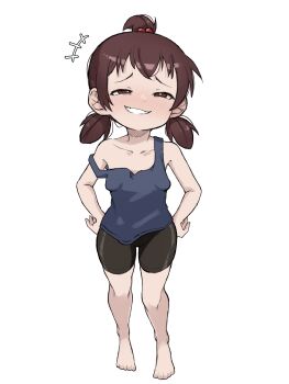 1girl absurdres barefoot black_shorts blue_tank_top blush breasts brown_eyes brown_hair collarbone feet full_body highres kusogaki loli marui_futaba matching_hair/eyes mitsudomoe_(manga) off_shoulder short_hair short_twintails shorts simple_background sleeveless small_breasts smug solo standing tank_top toes twintails white_background zlix0n