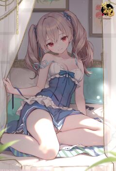 1girl absurdres bare_shoulders breasts brown_hair cleavage closed_mouth commentary_request curtains highres indoors looking_at_viewer mahjong_soul medium_breasts official_art on_bed pillow red_eyes samayoi second-party_source sitting smile solo twintails xenia yokozuwari