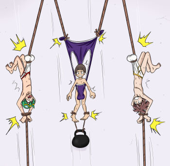 3boys amanokawa_hiro ball_busting bdsm blue_male_underwear bondage bound bound_wrists goggles goggles_on_head hanging hida_iori male_underwear multiple_boys ocigart rope shinkai_haru shota topless_male underwear upside-down wedgie weight white_male_underwear