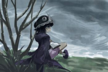 1other androgynous ankle_socks bare_tree black_hair black_hat black_shirt book boots chinese_commentary cloud cloudy_sky coattails commentary commentary_request day detached_hood english_commentary frilled_headwear frilled_shorts frills from_behind full_body hair_between_eyes hat holding holding_book hood hood_down hooded_jacket jacket knee_up len&#039;en long_sleeves looking_ahead mixed-language_commentary mob_cap on_grass open_book open_clothes open_jacket other_focus outdoors pink_shorts pointy_nose puffy_shorts purple_boots purple_eyes purple_jacket reading shirt shitodo_kuroji short_hair shorts sitting sky sleeves_past_fingers sleeves_past_wrists socks solo tree triangular_headpiece white_socks yancao_(pixiv_103434280)