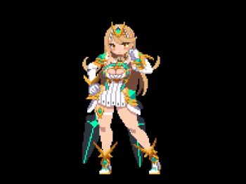 1girl animated bent_over black_background blonde_hair breasts cleavage dress full_body large_breasts long_hair microdress mythra_(xenoblade) pixel_art sesuji07 simple_background solo standing video white_dress xenoblade_chronicles_(series) xenoblade_chronicles_2 yellow_eyes