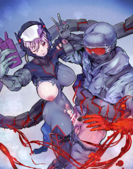 1boy 1girl bar_censor bodysuit breasts breasts_apart censored clothed_sex corruption exoskeleton helmet hetero highres jacket mask mechanical_tail medium_breasts navel nipples no_bra no_panties one_eye_closed penis pink_hair pubic_hair pussy red_eyes reverse_collapse_(series) selfie sex skin_tight soldier standing standing_missionary standing_sex sugar_(bakery_girl) tail tail_wrap torn_clothes v vaginal