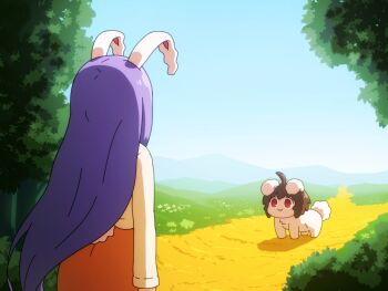 2girls :3 ahoge animal_ears blue_sky brown_hair bush clear_sky commentary cowboy_shot day human_head inaba_tewi long_hair long_sleeves looking_at_another multiple_girls orange_skirt outdoors path purple_hair rabbit rabbit_ears rabbit_girl rabbit_tail red_eyes reisen_udongein_inaba road shirosato shirt short_hair skirt sky symbol-only_commentary tail touhou tree very_long_hair white_shirt