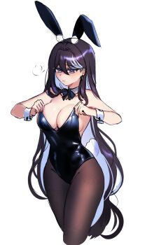 1girl adjusting_clothes adjusting_leotard animal_ears black_bow black_bowtie black_hair black_leotard black_pantyhose blue_hair bow bowtie breasts bunny_day cleavage closed_mouth colored_inner_hair commentary cropped_legs cross cross_earrings detached_collar double-parted_bangs earrings english_commentary fake_animal_ears fake_tail hair_between_eyes highleg highleg_leotard highres jewelry large_breasts leotard long_hair looking_down multicolored_hair original pantyhose playboy_bunny pout puff_of_air rabbit_ears rabbit_tail ryuuxin sadie_(ryuuxin) simple_background solo strapless strapless_leotard tail two-tone_hair white_background white_wrist_cuffs wrist_cuffs