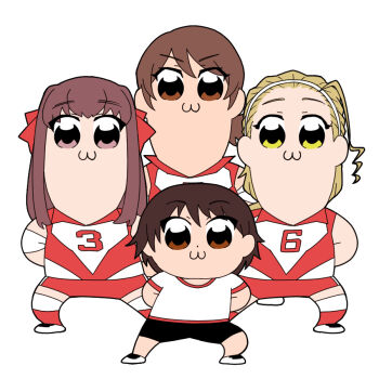 4girls :3 bkub_(style) blonde_hair brown_eyes brown_hair commentary_request girls_und_panzer isobe_noriko kawanishi_shinobu kondou_taeko long_hair multiple_girls sasaki_akebi satou_yasu short_hair sportswear volleyball_uniform white_background yellow_eyes