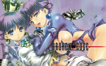 2girls armor atlus bottomless crown dual_persona gauntlets gold_crown gradriel gradriel_de_valendia hat multiple_girls princess_crown tongue torn_clothes uguisu_kagura