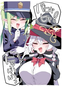 2girls :d ^_^ absurdres black_hat blue_archive blush braid breasts closed_eyes commentary_request eri_(blue_archive) gloves green_halo hair_between_eyes halo hands_on_own_cheeks hands_on_own_face hat highres himiya_jouzu large_breasts long_hair multiple_girls nozomi_(blue_archive) open_mouth pointy_ears shirt single_braid smile translation_request white_background white_gloves white_hair white_shirt witch_hat yellow_halo