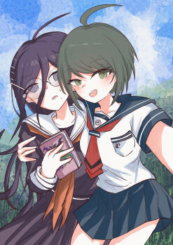 2girls :d absurdres ahoge arm_around_shoulder blue_sailor_collar blue_skirt blush book breast_pocket commentary_request danganronpa_(series) danganronpa_another_episode:_ultra_despair_girls fukawa_toko glasses green_eyes green_hair hair_between_eyes highres holding holding_book long_hair long_sleeves mole mole_under_mouth multiple_girls naegi_komaru neckerchief necktie open_mouth outstretched_arm pocket purple_eyes purple_hair purple_serafuku purple_shirt purple_skirt red_neckerchief red_necktie round_eyewear sailor_collar school_uniform selfie serafuku shirt short_hair short_sleeves shuminmin skirt smile sweatdrop teeth torn_clothes torn_neckerchief upper_teeth_only white_sailor_collar white_shirt yuri