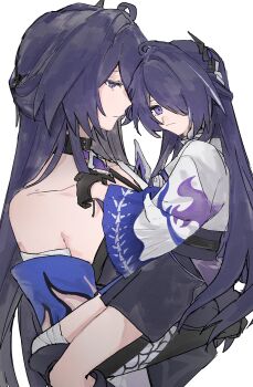 2girls acheron_(honkai:_star_rail) age_difference aged_down armor bare_shoulders black_gloves black_shorts closed_mouth collarbone commentary_request detached_collar detached_sleeves dual_persona gloves grabbing_another&#039;s_hair hair_ornament hair_over_eyes head_tilt highres holding_another&#039;s_hair honkai:_star_rail honkai_(series) japanese_clothes knee_pads long_hair long_sleeves looking_at_viewer looking_down looking_to_the_side moonsun77773 multicolored_hair multiple_girls purple_eyes purple_hair shorts shoulder_armor simple_background streaked_hair thighs white_background wide_sleeves