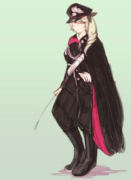 Rule 34 | 1girl, aiguillette, anchovy (girls und panzer), bandana, black boots, black cape, black hat, black jacket, black necktie, black pants, black ribbon, boots, cape, commentary request, eyes visible through hair, full body, girls und panzer, gloves, green background, green hair, hair between eyes, hair ribbon, hat, holding, holding gloves, holding riding crop, holding unworn clothes, italian carabinieri, jacket, long hair, long sleeves, looking at viewer, mityubi, necktie, one side up, pants, peaked cap, police, police uniform, red bandana, red eyes, ribbon, riding crop, shirt, side ponytail, simple background, smile, solo, two-sided cape, two-sided fabric, unworn gloves, white shirt