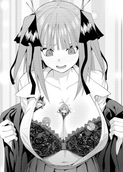 4girls between_breasts black_bra blush bow bra breasts chibi commission go-toubun_no_hanayome hair_bow hair_ornament highres huge_breasts kosmos_beta large_breasts long_hair looking_down monochrome multiple_girls nakano_ichika nakano_itsuki nakano_miku nakano_nino nakano_yotsuba navel open_clothes open_mouth pixiv_commission pleated_skirt shirt simple_background skirt underwear white_background white_shirt