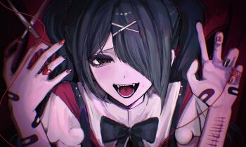 1girl ame-chan_(needy_girl_overdose) bandaid bandaid_on_arm bandaid_on_hand black_bow black_eyes black_hair blood blood_drip blood_on_arm bow commentary_request cute_na_kanojo_(cevio) fangs hair_over_one_eye hand_up hands_up highres long_hair nail_polish needy_girl_overdose open_mouth pao_(i_loxe_u) red_nails revision scissors self-harm shirt sidelocks simple_background smile solo string string_of_fate suspenders sweat twintails white_shirt wrist_cutting