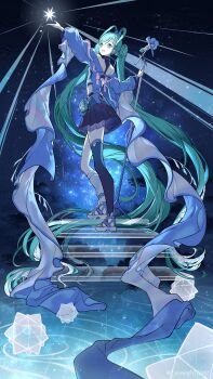 1girl absurdres aqua_eyes aqua_hair aqua_nails blue_jacket blue_thighhighs braid braided_hair_rings commentary_request full_body hair_between_eyes hair_ornament hair_rings hatsune_miku highres holding holding_microphone_stand jacket leg_warmers legs long_hair long_sleeves looking_at_viewer looking_back lustrous_(vocaloid) magical_mirai_(vocaloid) magical_mirai_miku magical_mirai_miku_(2025) microphone_stand murupuru_22 night official_alternate_costume official_alternate_hairstyle open_mouth ripples single_leg_warmer single_thighhigh sky small_stellated_dodecahedron smile solo standing star_(sky) star_(symbol) starry_sky thighhighs twintails very_long_hair vocaloid