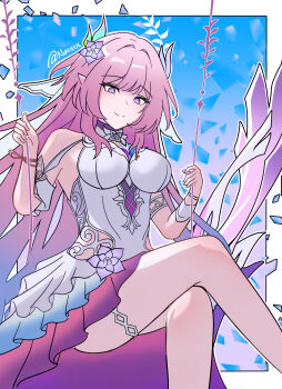 1girl absurdres bare_shoulders blue_sky border breasts commentary crossed_legs cyrene_(honkai:_star_rail) cyrene_(ripples_of_past_reverie)_(honkai:_star_rail) dress flower hair_flower hair_ornament highres honkai:_star_rail honkai_(series) large_breasts long_hair looking_at_viewer nant on_swing pink_hair pointy_ears purple_eyes sky smile solo swing twitter_username very_long_hair white_border white_dress