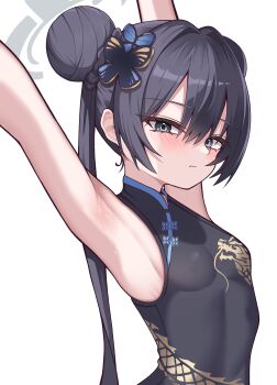 1girl absurdres armpits black_dress black_hair blue_archive breasts butterfly_hair_ornament china_dress chinese_clothes commentary double_bun dragon_print dress grey_eyes hair_bun hair_ornament halo highres kisaki_(blue_archive) long_hair looking_at_viewer mio_024 simple_background sleeveless sleeveless_dress small_breasts solo sweat twintails white_background