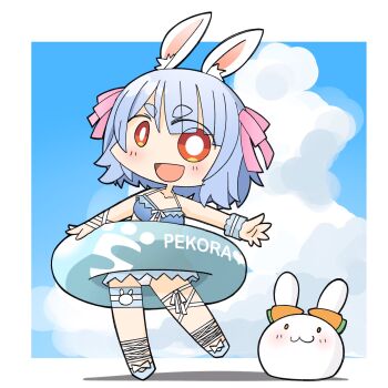 1girl :d alternate_costume and_takashi animal_ear_fluff animal_ears bikini blue_bikini blue_shoes blue_sky blush border bright_pupils character_name chibi chibi_only cloud cloudy_sky commentary_request frilled_bikini frills full_body hair_ribbon highres hololive innertube medium_hair official_alternate_costume open_mouth orange_eyes pekomon_(usada_pekora) pink_ribbon rabbit_ears rabbit_girl ribbon shoes short_eyebrows single_wrist_cuff sky smile solo swim_ring swimsuit thick_eyebrows thigh_strap usada_pekora usada_pekora_(summer) virtual_youtuber white_border white_pupils wrist_cuffs