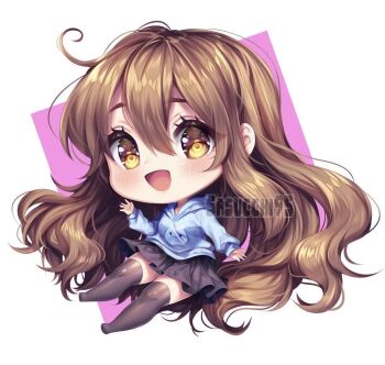 1girl :d arm_at_side artist_name artist_self-insert black_skirt black_thighhighs blue_hoodie blush brown_eyes brown_hair chibi chibi_only commentary cowlick double-parted_bangs english_commentary full_body hair_between_eyes hand_up hood hood_down hoodie long_hair long_sleeves miniskirt no_shoes open_mouth original pink_background puffy_long_sleeves puffy_sleeves sasucchi95 simple_background skirt smile solo thighhighs tongue two-tone_background very_long_hair waving wavy_hair white_background zettai_ryouiki