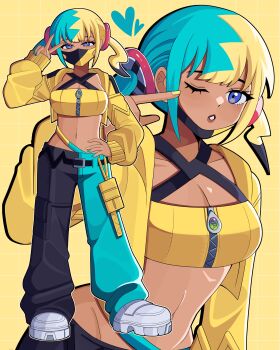 1girl absurdres aqua_hair bag bandeau belt black_mask blonde_hair bobamiruku breasts canari_(pokemon) cleavage criss-cross_halter crop_top cropped_jacket curly_sidelocks dark-skinned_female dark_skin fake_hair_bun halterneck handbag heart highres jacket large_breasts mask mask_pull mega_ring mega_stone midriff mouth_mask multicolored_hair navel nintendo one_eye_closed pants pokemon pokemon_legends:_z-a shoes solo split-color_hair stomach teeth twintails two-tone_hair two-tone_mask yellow_bandeau yellow_jacket yellow_mask zipper