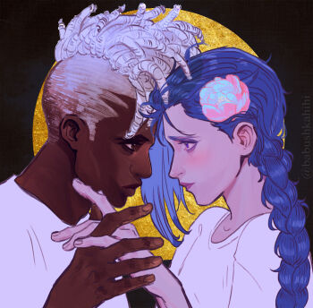Rule 34 | 1boy, 1girl, arcane: league of legends, arcane jinx, asymmetrical hair, babu (babushkahihi), bags under eyes, braid, closed mouth, couple, dark-skinned male, dark skin, dreadlocks, ekko (league of legends), firelight ekko, flower, hair flower, hair ornament, halo, hashtag-only commentary, hetero, highres, holding hands, interlocked fingers, jinx (league of legends), league of legends, long hair, looking at another, pale skin, pink flower, shirt, short hair, sidecut, twitter username, undercut, white hair, white shirt