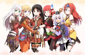 6+girls :d ;) afumau_(final_fantasy) aqua_eyes arciela_v_adoulin armor bare_shoulders belt black_gloves black_hair black_pants black_shirt blonde_hair blue_eyes blue_gemstone blue_headband blunt_bangs bow bowtie bracelet breasts brooch brown_eyes brown_gloves capri_pants cropped_jacket dark-skinned_female dark_skin detached_sleeves dress earrings elf elvaan fang final_fantasy final_fantasy_xi fingerless_gloves fingernails flamenco frilled_shirt frills fur_trim gem gloves green_belt grey_hair grey_pantyhose hair_intakes hair_ornament half-elf hand_on_another's_shoulder hand_on_another's_waist hand_on_own_chest hand_up headband heart hume iroha_(ff11) jacket japanese_armor jewelry juliet_sleeves jumpsuit kusazuri layered_sleeves leg_up light_purple_hair lilisette lion_(ff11) long_hair long_sleeves looking_at_viewer low-tied_long_hair medium_breasts miniskirt multiple_girls multiple_rings navel ntapopo one_eye_closed open_clothes open_jacket open_mouth orange_gloves pants pantyhose pink_sleeves pointy_ears print_pantyhose prishe puffy_sleeves purple_eyes red_armor red_bow red_bowtie red_hair red_headband red_jumpsuit ring shirt short_hair short_jumpsuit short_sleeves shoulder_armor skirt small_breasts smile sode split_mouth white_dress