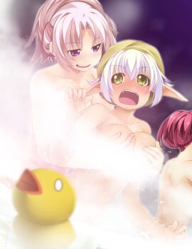 3girls atelier-moo bird blurry breasts cleavage collarbone completely_nude convenient_censoring curtained_hair dark_skin duck elf folded_ponytail game_asset grabbing_another's_breast grabbing_from_behind groping hair_between_eyes highres jitome large_breasts long_pointy_ears looking_back multiple_girls naughty_face night nina_lazydaisy non-web_source nude official_art onsen open_mouth pink_eyes pink_hair pointy_ears purple_hair same-sex_bathing self-datamine shared_bathing shouting sidelocks silvia_milsteen smile standing steam steam_censor towel towel_on_head toy v-shaped_eyebrows visual_novel_cg water wet wide-eyed wizards_symphony yellow_eyes