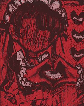 1girl body_horror commentary disembodied_eye dress english_commentary faceless frilled_dress frills gestart333 heart heart_hands horror_(theme) long_hair maid_headdress original red_theme solo upper_body