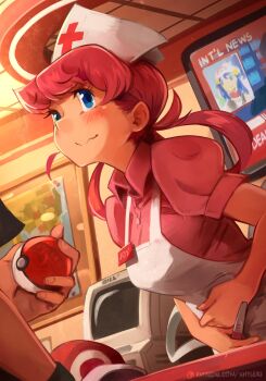 1boy 1girl absurdres apron baseball_cap black_shirt blue_eyes blush commentary computer counter dawn_(pokemon) engagement_ring english_commentary english_text gloves hair_rings hand_on_own_stomach hat highres holding holding_pregnancy_test indoors jewelry joy_(pokemon) khyle. long_hair marriage_proposal name_tag nintendo nurse nurse_cap ornate_ring out_of_frame patreon_username pink_hair pink_shirt poke_ball pokemon pokemon_(anime) pokemon_(classic_anime) pokemon_center pokemon_dppt pokemon_frlg pregnancy_test red_(pokemon) ring shirt short_sleeves single_glove television unworn_hat unworn_headwear