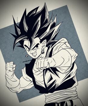1boy absurdres clenched_hands cowboy_shot dougi dragon_ball dragonball_z earrings gloves greyscale_with_colored_background highres jewelry male_focus medium_hair noir_illust open_mouth pants potara_earrings sash shirt simple_background smile solo spiked_hair vegetto