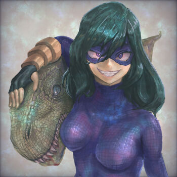 1girl 1other animal animal_hug arm_at_side arm_up armpits artist_request bodysuit boku_no_hero_academia bracelet breasts clenched_teeth collarbone crazy_smile dinosaur domino_mask eye_mask eyelashes fangs female_focus fingerless_gloves fingernails gloves green_eyes green_hair grin hair_between_eyes high_collar highres jewelry long_hair looking_at_viewer mask matching_hair/eyes medium_breasts medium_hair mismatched_pupils neck parted_lips purple_bodysuit scale_print scales sharp_teeth sidelocks simple_background size_difference skin_tight smile standing superhero_costume swept_bangs teeth tight_clothes tokage_setsuna velociraptor wavy_hair