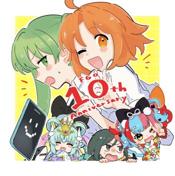 1boy 4girls ;d anniversary aqua_hair black_bow blue_hair bow closed_eyes commentary_request english_text fate/grand_order fate_(series) green_eyes green_hair grey_eyes hair_bow hibino_hibiki highres index_finger_raised kanoko_iii katsuragi_chikagi keitai-san kiyohime_(fate) long_hair mahou_tsukai_no_hako multicolored_hair multiple_girls ok_sign one_eye_closed open_mouth orange_eyes orange_hair otohime_kiyohime_(fate) pink_hair red_hair sei_shounagon_(fate) sei_shounagon_(second_ascension)_(fate) shark simple_background smile v waver_velvet waver_velvet_(zhuge_liang) yellow_background yellow_eyes