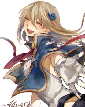 Rule 34 | 1girl, akilico, blazblue, blazblue: calamity trigger, blazblue: central fiction, blazblue: chronophantasma, blazblue: continuum shift, blonde hair, closed eyes, female focus, gloves, hair ornament, jacket, long hair, noel vermillion, signature, simple background, smile, solo, white background
