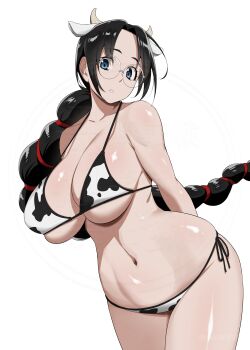 1girl absurdres animal_print arms_behind_back bikini black_hair bleach blue_eyes braid breasts cleavage commentary_request cow_horns cow_print cow_print_bikini glasses highres horns huge_breasts katori_batsuunsai legs_together long_hair looking_at_viewer mattari_yufi navel parted_bangs print_bikini shiny_skin side-tie_bikini_bottom solo swimsuit upper_body white_background