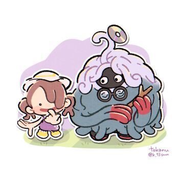 1girl blush blush_stickers broken_eyewear brown_hair crack disc ditto female_protagonist_(pokemon_pokopia) full_body gen_1_pokemon gen_4_pokemon glasses hat highres holding holding_stick nintendo open_mouth plant pokemon pokemon_(creature) pokemon_focus pokemon_pokopia professor_tangrowth purple_shirt round_eyewear shirt shoes short_sleeves smile stick tangrowth tm_(pokemon) transformed_ditto twintails tyokamaru vines white_hat yellow_shoes