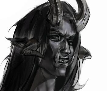 1boy aegyo_sal black_eyes dark-skinned_male dark_skin demon_boy demon_horns ellieaedon extra_horns fangs greyscale highres horns long_hair looking_at_viewer male_focus monochrome narrowed_eyes official_alternate_costume pointy_ears portrait shadow_slave sidelocks solo sunny_(shadow_slave)