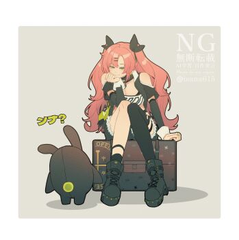 1girl 1other absurdres amillion_(zenless_zone_zero) bangboo_(zenless_zone_zero) bare_shoulders bilingual_text black_boots black_ribbon black_shorts boots border breasts cleavage closed_mouth clothing_cutout commentary_request crop_top cutoffs earrings english_text full_body green_eyes grey_background hair_ornament hairclip half-closed_eyes head_rest heart heart_earrings heart_necklace highres isana615 jewelry large_breasts long_hair looking_at_another micro_shorts mixed-language_text multicolored_nails necklace nicole_demara no_mole on_suitcase pink_hair ribbon shadow shorts shoulder_cutout single_thighhigh sitting smile strapless stuffed_toy suitcase thighhighs torn_clothes torn_thighhighs tube_top twintails twitter_username two_side_up white_border white_tube_top zenless_zone_zero