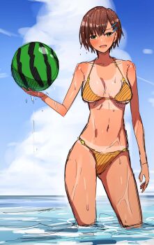1girl :d absurdres ball beach beachball bikini bikini_tan blue_sky breasts cloud cloudy_sky highres holding holding_ball holding_beachball kurumayakoudo medium_breasts open_mouth outdoors short_hair shuugakuryokou_kanojo_torareru_nettaiya sky smile solo swimsuit takase_yukari tan tanline watermelon_beachball wet yellow_bikini