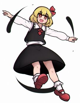 1girl ankle_socks ascot black_vest blonde_hair blush commentary_request dagger131134_(kama_astor) darkness fang hair_between_eyes hair_ribbon highres long_sleeves open_mouth outstretched_arms red_ascot red_eyes red_ribbon red_shoes ribbon rumia shoes short_hair simple_background skirt skirt_set sleeveless smile socks solo spread_arms touhou vest white_background white_socks
