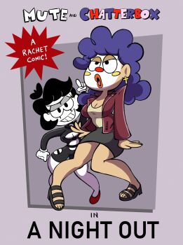 Rule 34 | 2girls, absurdres, beret, breasts, character name, chatterbox the clown (imrachets), cleavage, clown, commentary, dancing, english commentary, english text, gloves, half-closed eyes, hat, highres, imrachets, looking at viewer, mime, multiple girls, mute, mute the mime (imrachets), original, white gloves