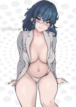 1girl alternate_costume blue_eyes blue_hair breasts byleth_(fire_emblem) closed_mouth collarbone cowboy_shot female_byleth_(fire_emblem) fire_emblem fire_emblem:_three_houses grey_shirt heart heart-shaped_pupils highleg highleg_panties highres large_breasts long_hair looking_at_viewer mourderousx navel nintendo open_clothes open_shirt panties patreon_username shirt sitting smug solo stomach symbol-shaped_pupils underwear white_panties