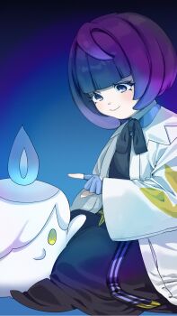 1girl black_dress blue_gloves blunt_bangs bob_cut closed_mouth coat commentary_request dress eyelashes gen_5_pokemon gloves gwynn_(pokemon) highres litwick long_sleeves looking_at_another nintendo nukunukupokapoka open_clothes open_coat partially_fingerless_gloves pokemon pokemon_(creature) pokemon_legends:_z-a purple_eyes purple_hair short_hair sitting sleeves_past_wrists smile white_coat wide_sleeves