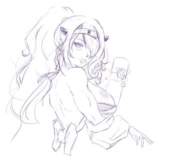 Rule 34 | bare back, bare shoulders, blush, breasts, camilla (fire emblem), camilla (ninja) (fire emblem), fire emblem, fire emblem fates, fire emblem heroes, hachimaki, hair over one eye, headband, heart, heart-shaped pupils, japanese clothes, kimono, large breasts, looking at viewer, looking back, ninja, nintendo, official alternate costume, one eye covered, ponytail, scroll, sideboob, sketch, symbol-shaped pupils, toned, toned female